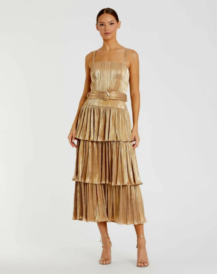 Women Cocktail Dresses Mac Duggal Ruffle Tiered Buckle Detail Dress Gold