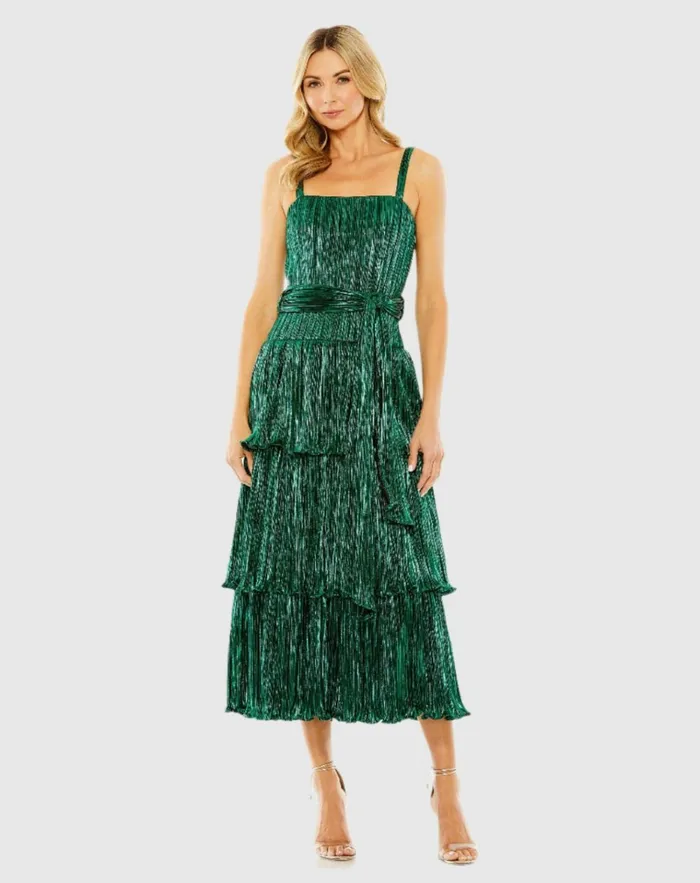 Women Cocktail Dresses Mac Duggal Ruffle Tiered Buckle Detail Dress Gold