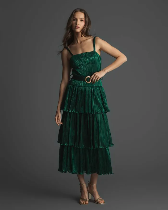 Women Cocktail Dresses Mac Duggal Ruffle Tiered Buckle Detail Dress Gold