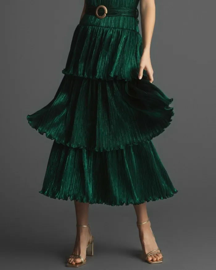 Women Cocktail Dresses Mac Duggal Ruffle Tiered Buckle Detail Dress Gold