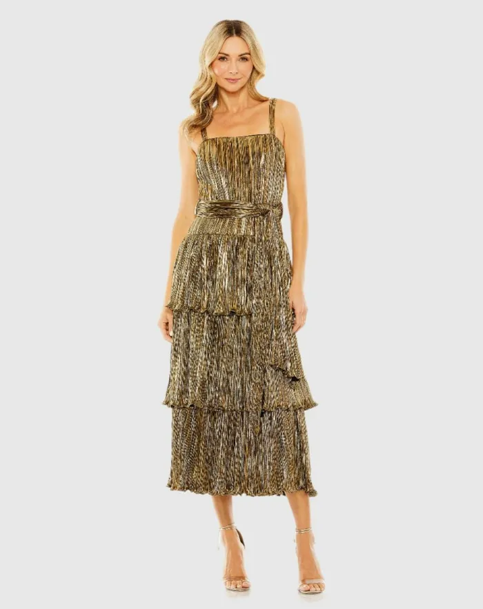 Women Cocktail Dresses Mac Duggal Ruffle Tiered Buckle Detail Dress Gold