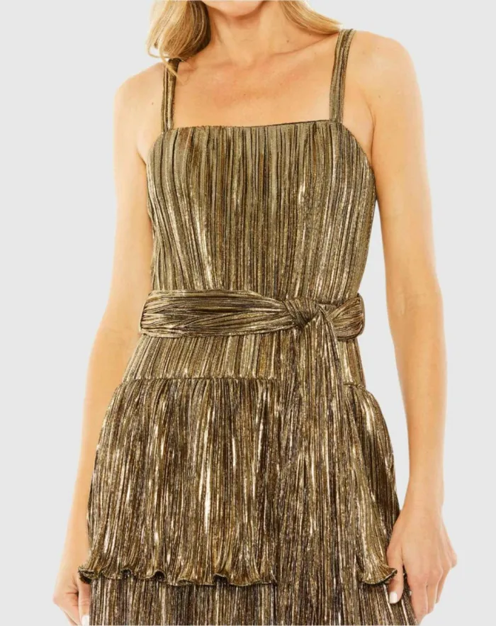 Women Cocktail Dresses Mac Duggal Ruffle Tiered Buckle Detail Dress Gold