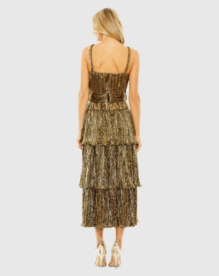 Women Cocktail Dresses Mac Duggal Ruffle Tiered Buckle Detail Dress Gold