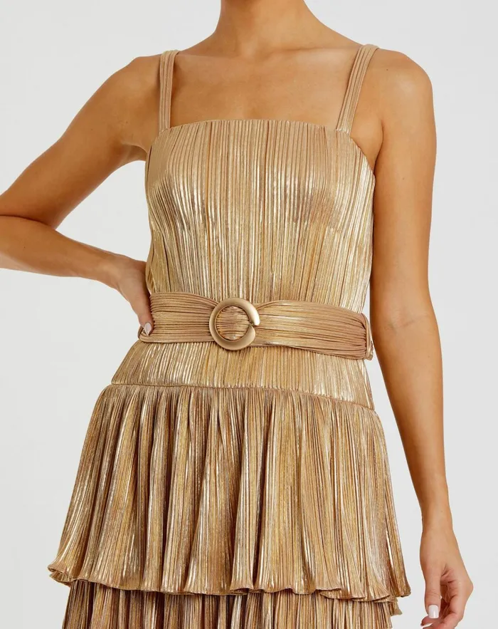Women Cocktail Dresses Mac Duggal Ruffle Tiered Buckle Detail Dress Gold