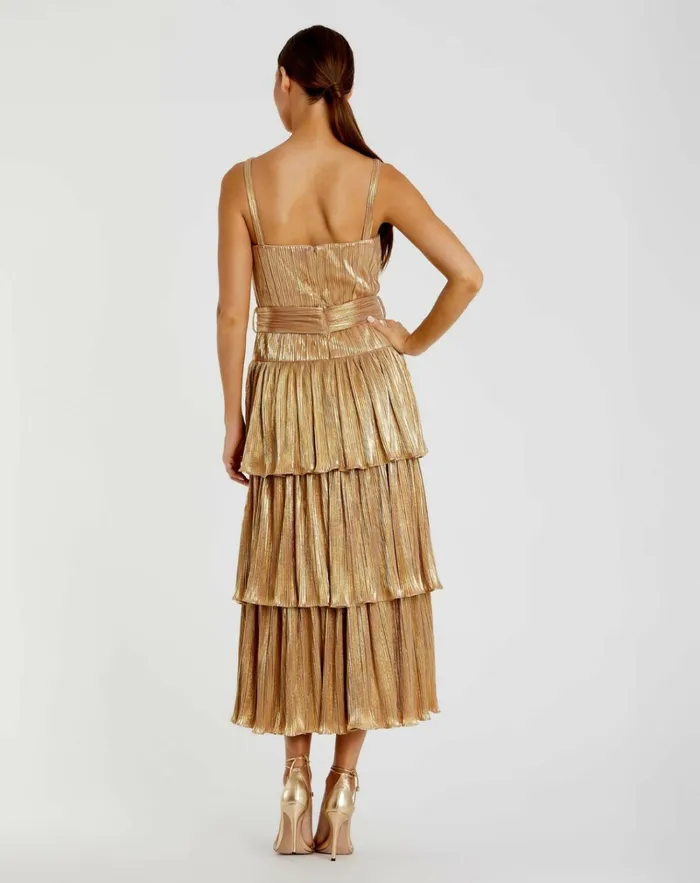 Women Cocktail Dresses Mac Duggal Ruffle Tiered Buckle Detail Dress Gold