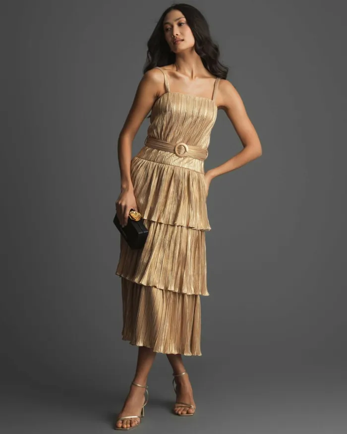 Women Cocktail Dresses Mac Duggal Ruffle Tiered Buckle Detail Dress Gold