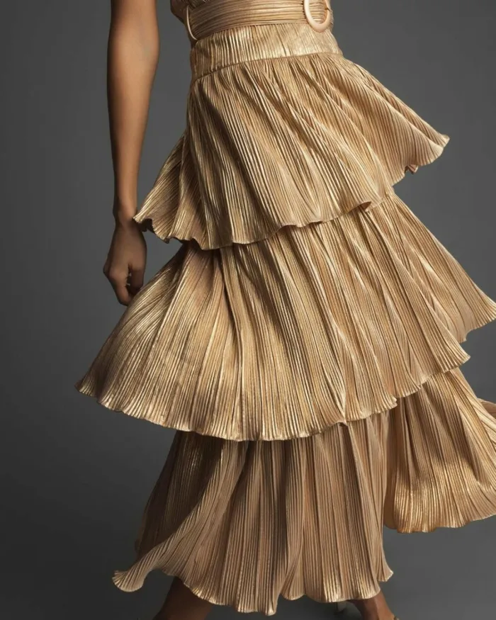 Women Cocktail Dresses Mac Duggal Ruffle Tiered Buckle Detail Dress Gold