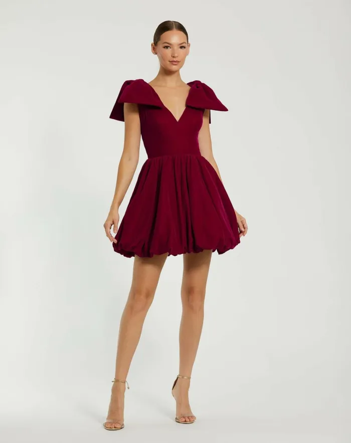 Women Cocktail Dresses Mac Duggal Shoulder Bow Velvet Bubble Mini Dress Berry