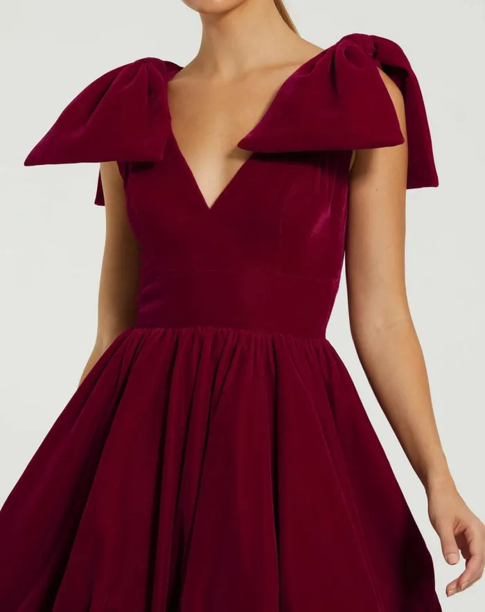 Women Cocktail Dresses Mac Duggal Shoulder Bow Velvet Bubble Mini Dress Berry