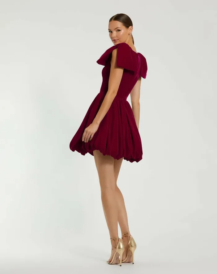 Women Cocktail Dresses Mac Duggal Shoulder Bow Velvet Bubble Mini Dress Berry