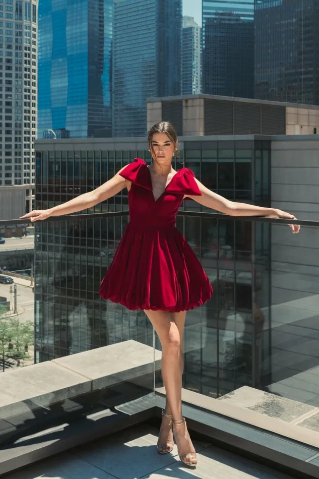 Women Cocktail Dresses Mac Duggal Shoulder Bow Velvet Bubble Mini Dress Berry