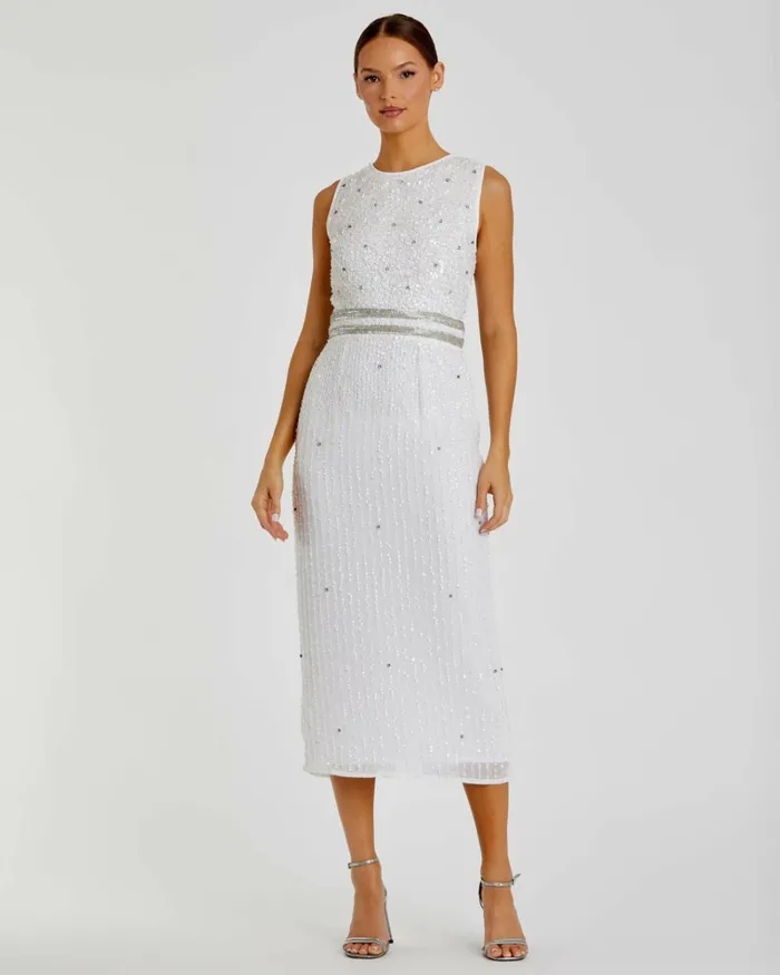 Women Cocktail Dresses Mac Duggal Sleeveless High Neck Beaded Midi Sheath Dress White