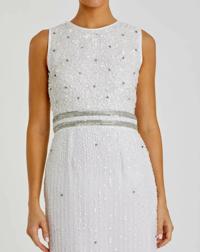 Women Cocktail Dresses Mac Duggal Sleeveless High Neck Beaded Midi Sheath Dress White