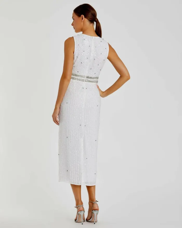 Women Cocktail Dresses Mac Duggal Sleeveless High Neck Beaded Midi Sheath Dress White