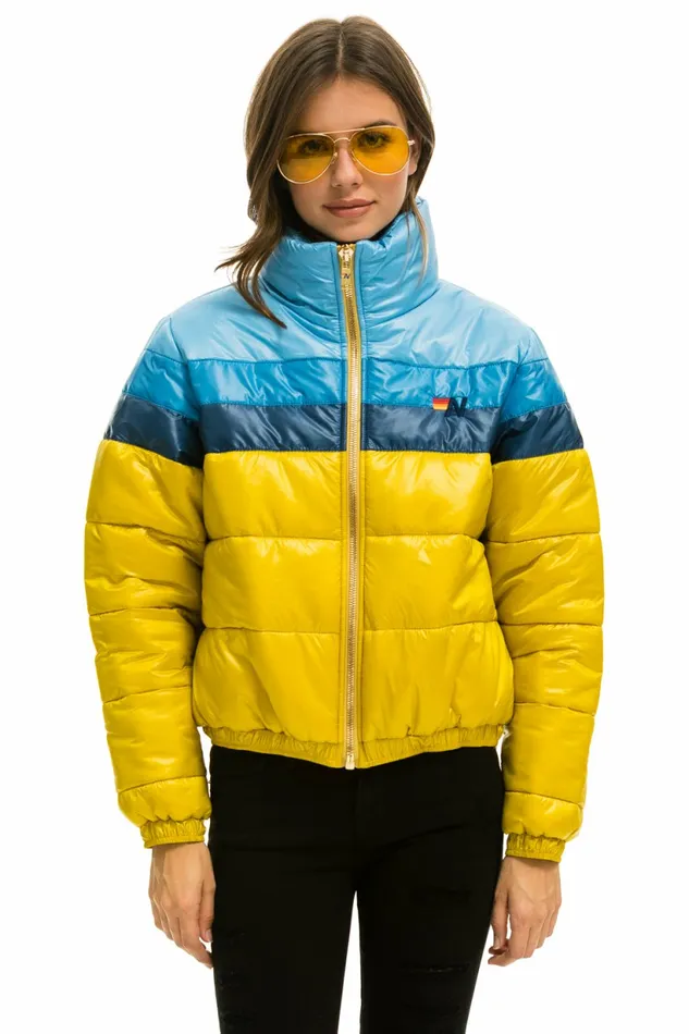 Women COLOR BLOCK LUXE APRES PUFFER JACKET 8211 HONEY GLOSSY Aviator Nation Outerwear