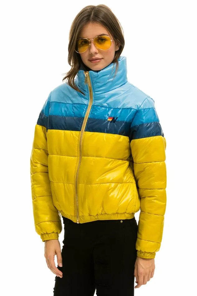 Women COLOR BLOCK LUXE APRES PUFFER JACKET 8211 HONEY GLOSSY Aviator Nation Outerwear Women COLOR BLOCK LUXE APRES PUFFER JACKET 8211 HONEY GLOSSY Aviator Nation Outerwear