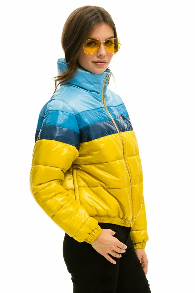 Women COLOR BLOCK LUXE APRES PUFFER JACKET 8211 HONEY GLOSSY Aviator Nation Outerwear Women COLOR BLOCK LUXE APRES PUFFER JACKET 8211 HONEY GLOSSY Aviator Nation Outerwear