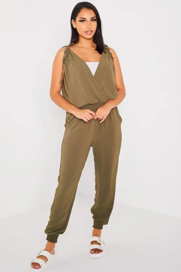 Women Combinaison Pantalon Kaki Fluide Manches Nou Khaki Brentiny Paris Playsuits