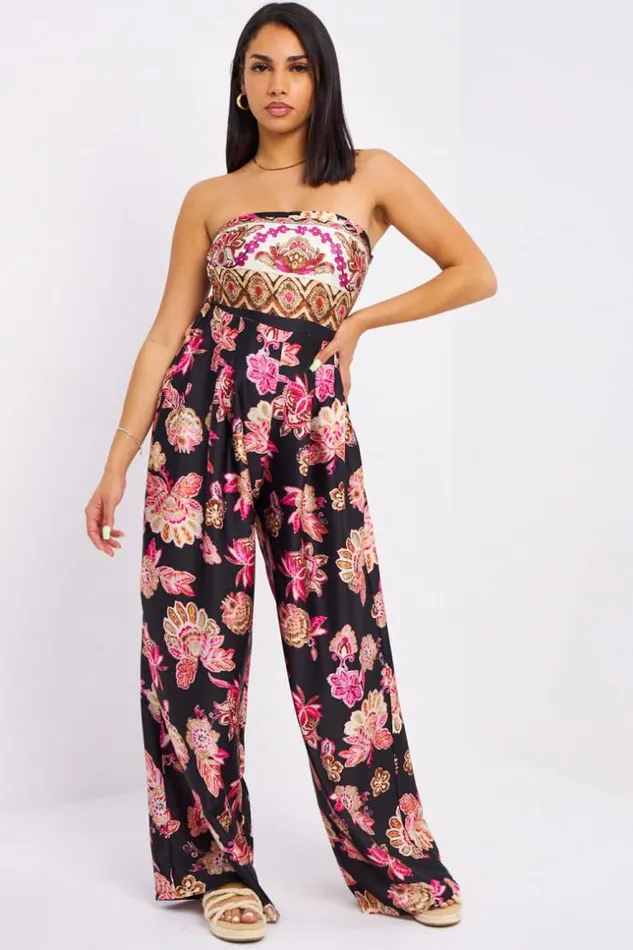 Women Combinaison Pantalon Noire Bustier Fleurs Black Brentiny Paris Playsuits