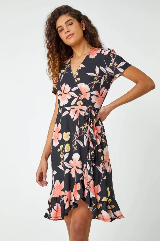 Women Coral Floral Print Frill Hem Wrap Dress Roman Dresses