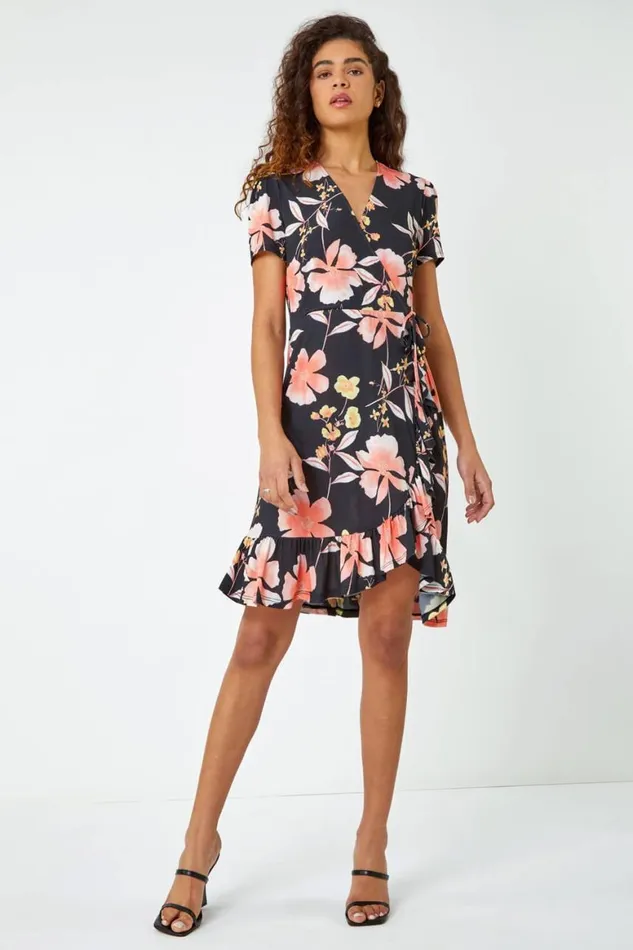 Women Coral Floral Print Frill Hem Wrap Dress Roman Dresses