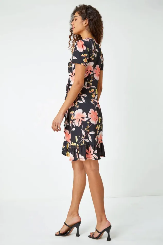 Women Coral Floral Print Frill Hem Wrap Dress Roman Dresses