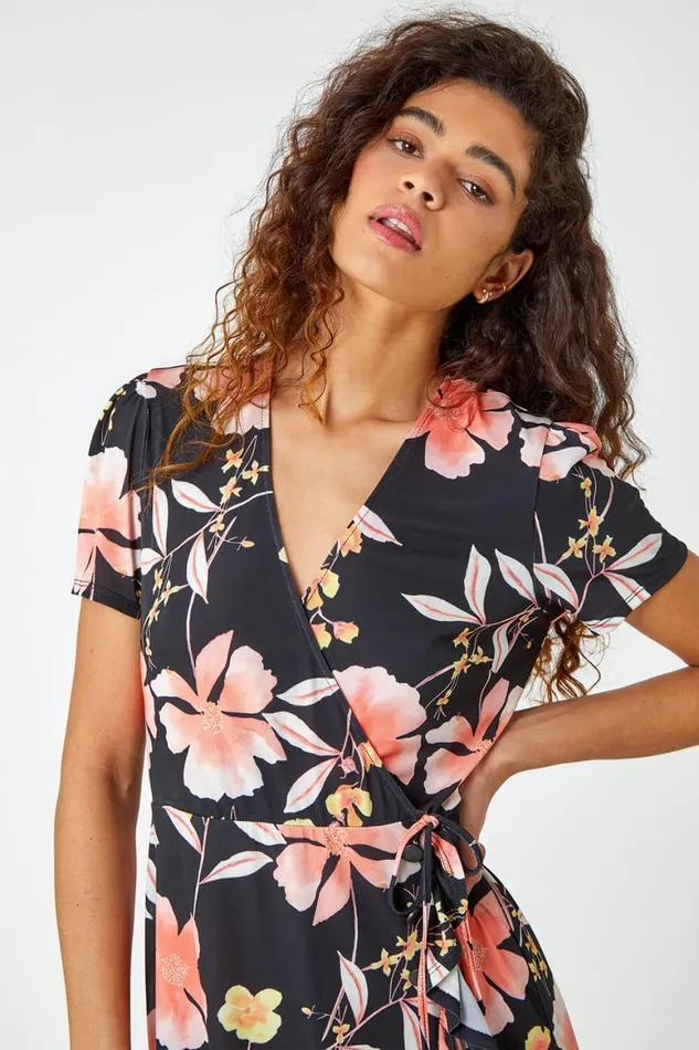 Women Coral Floral Print Frill Hem Wrap Dress Roman Dresses