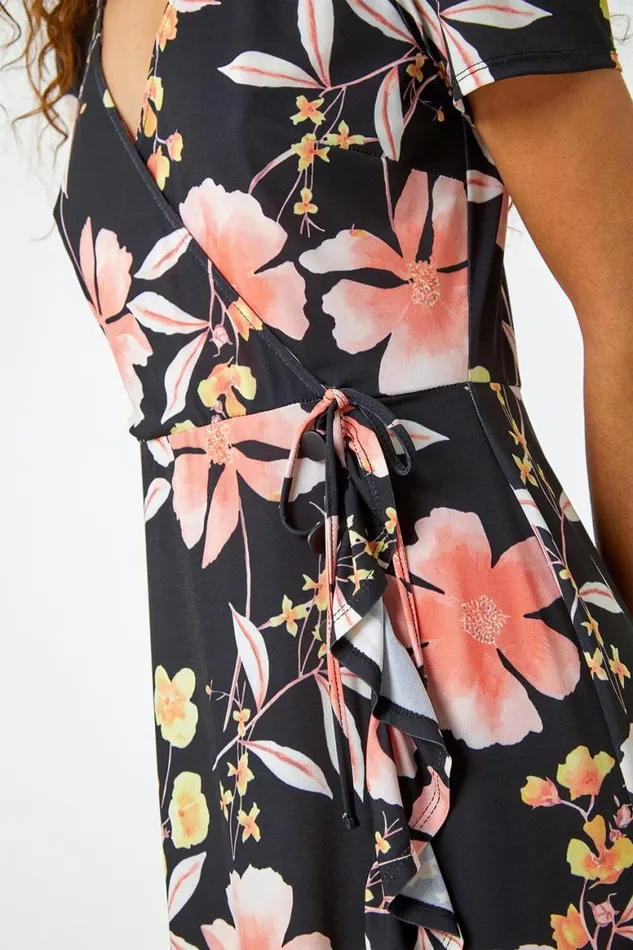 Women Coral Floral Print Frill Hem Wrap Dress Roman Dresses