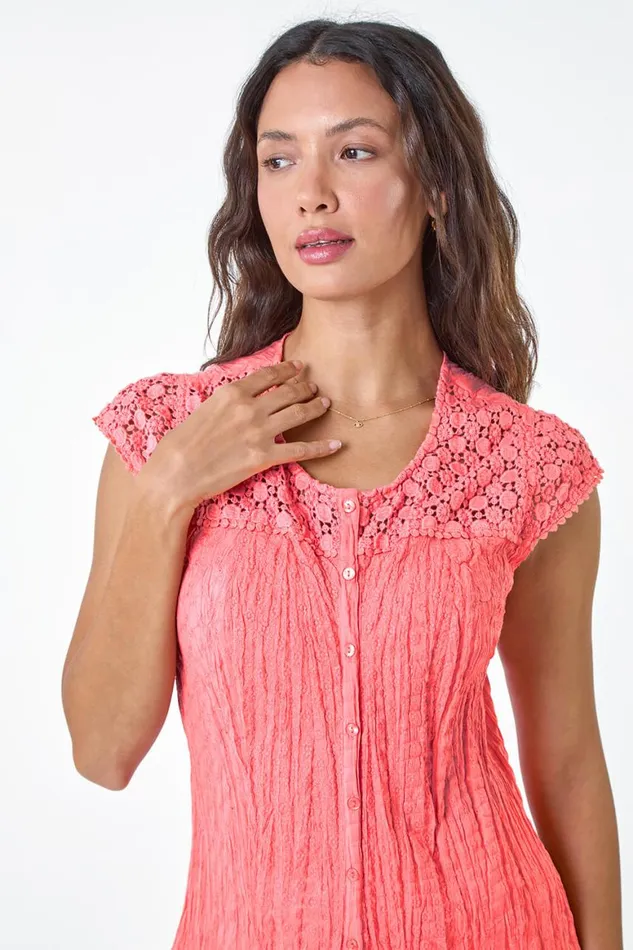 Women Coral Lace Yoke And Sleeve Crinkle Blouse Roman Tops