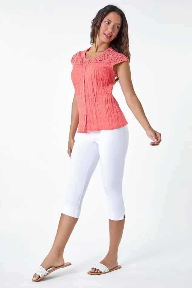 Women Coral Lace Yoke And Sleeve Crinkle Blouse Roman Tops