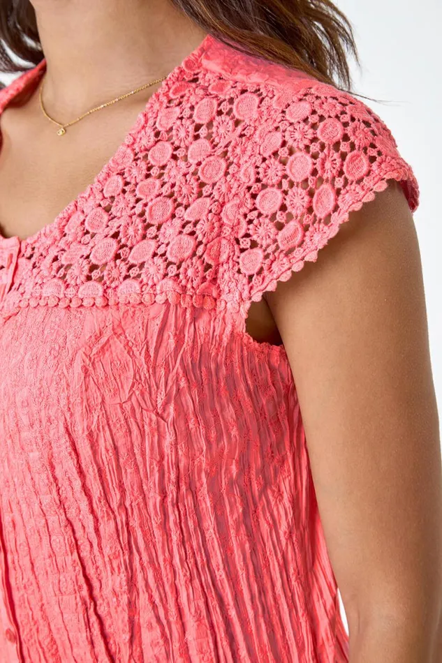 Women Coral Lace Yoke And Sleeve Crinkle Blouse Roman Tops