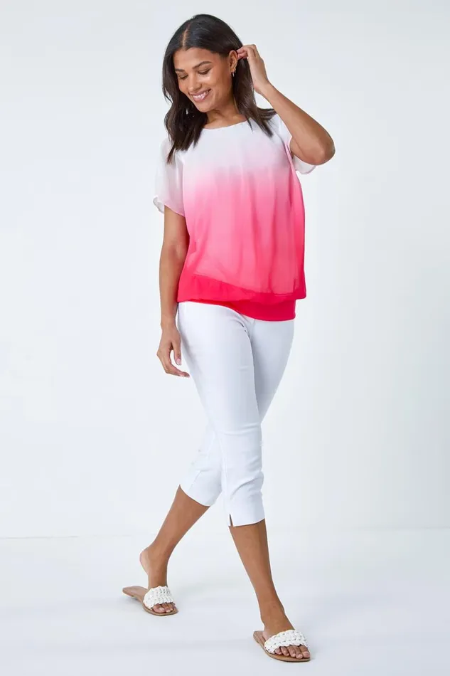 Women Coral Ombre Chiffon Overlay Blouson Top Roman Tops