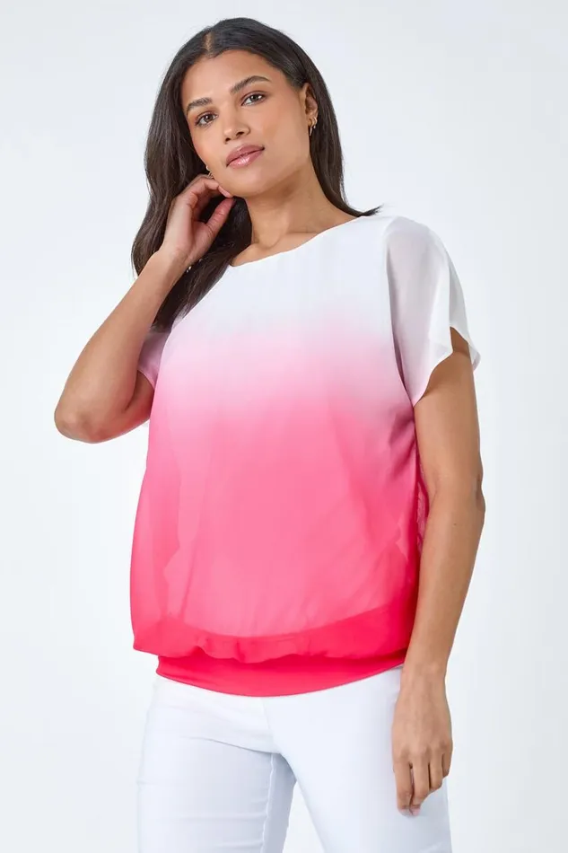 Women Coral Ombre Chiffon Overlay Blouson Top Roman Tops