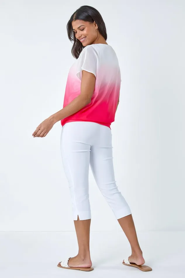 Women Coral Ombre Chiffon Overlay Blouson Top Roman Tops