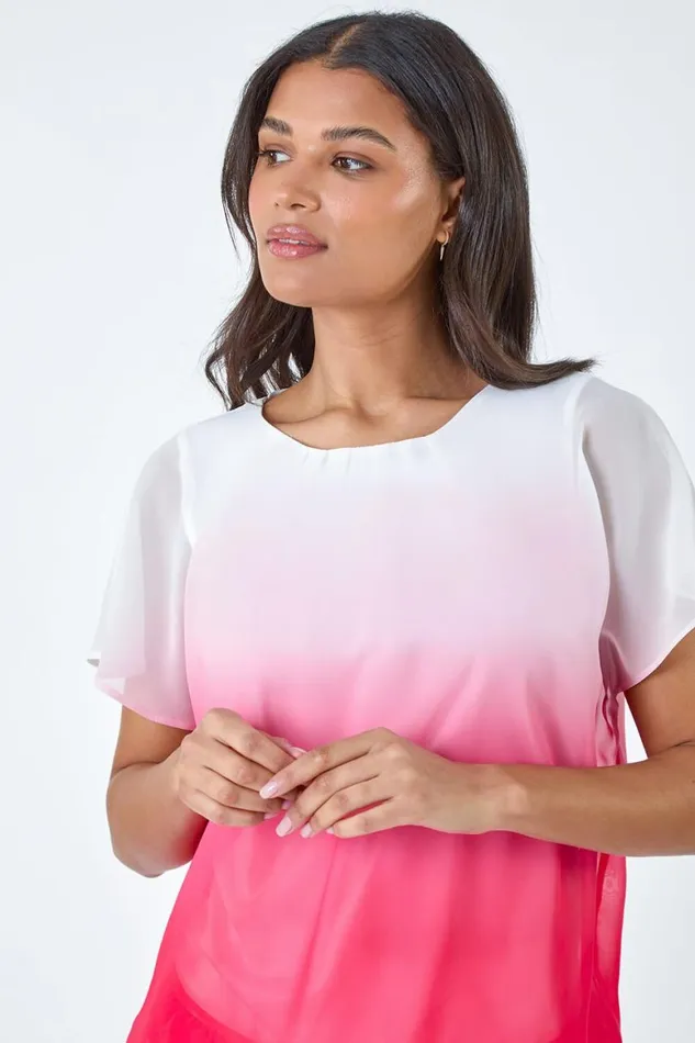 Women Coral Ombre Chiffon Overlay Blouson Top Roman Tops
