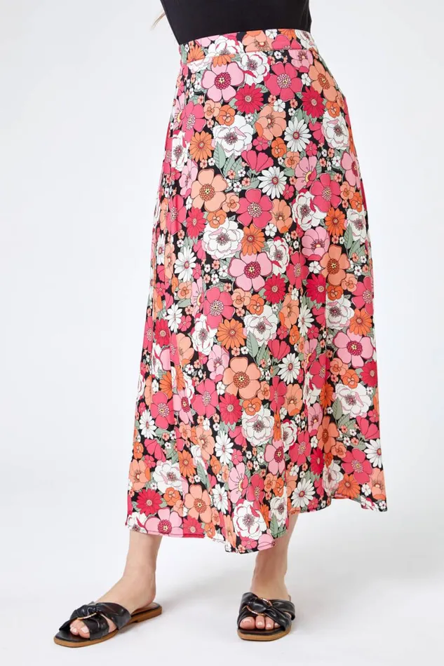 Women Coral Petite Floral Print ALine Skirt Roman Skirts