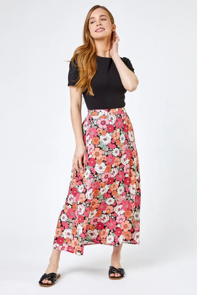 Women Coral Petite Floral Print ALine Skirt Roman Skirts