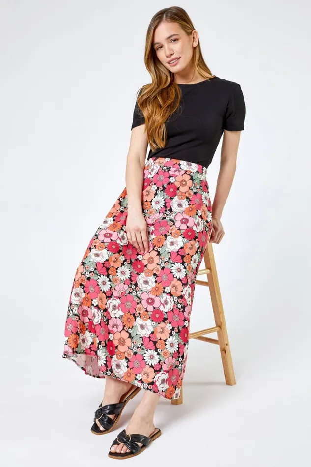 Women Coral Petite Floral Print ALine Skirt Roman Skirts