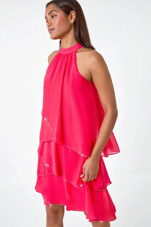 Women Coral Sequin Trim Tiered Halterneck Dress Roman Dresses
