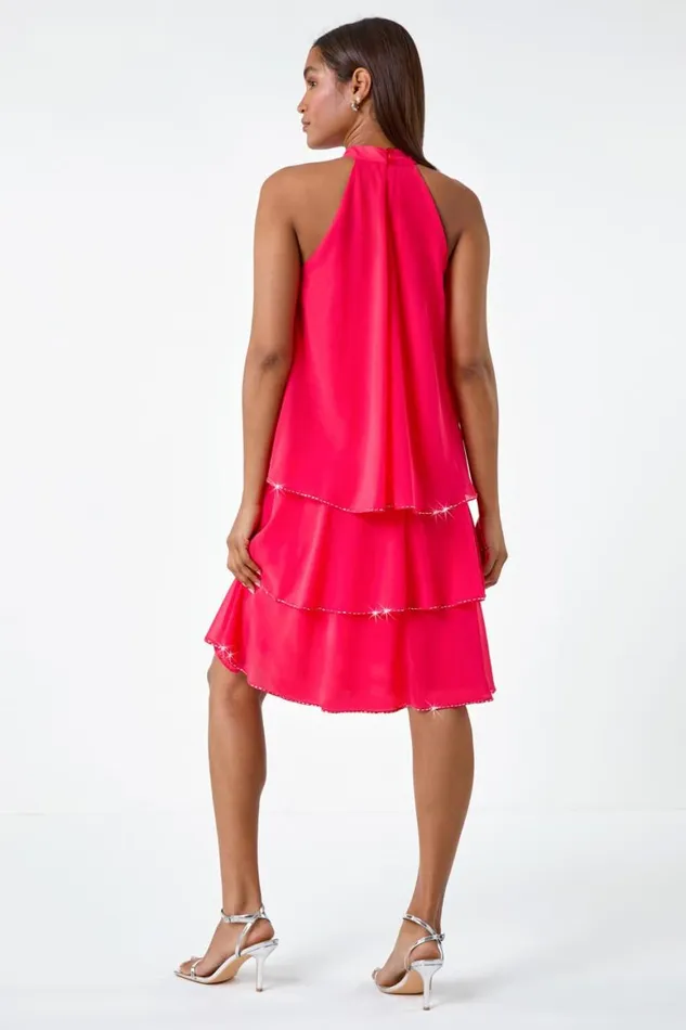 Women Coral Sequin Trim Tiered Halterneck Dress Roman Dresses