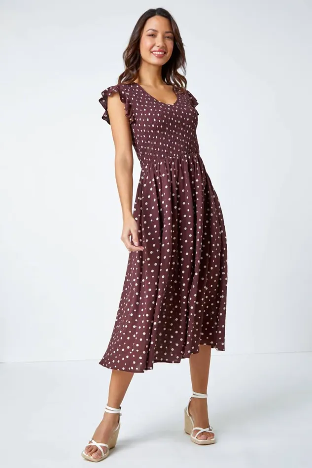 Women Cotton Blend Polka Dot Midi Dress Roman Dresses