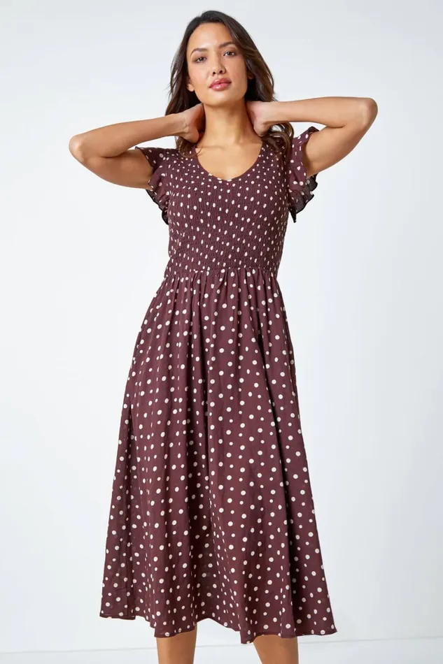 Women Cotton Blend Polka Dot Midi Dress Roman Dresses