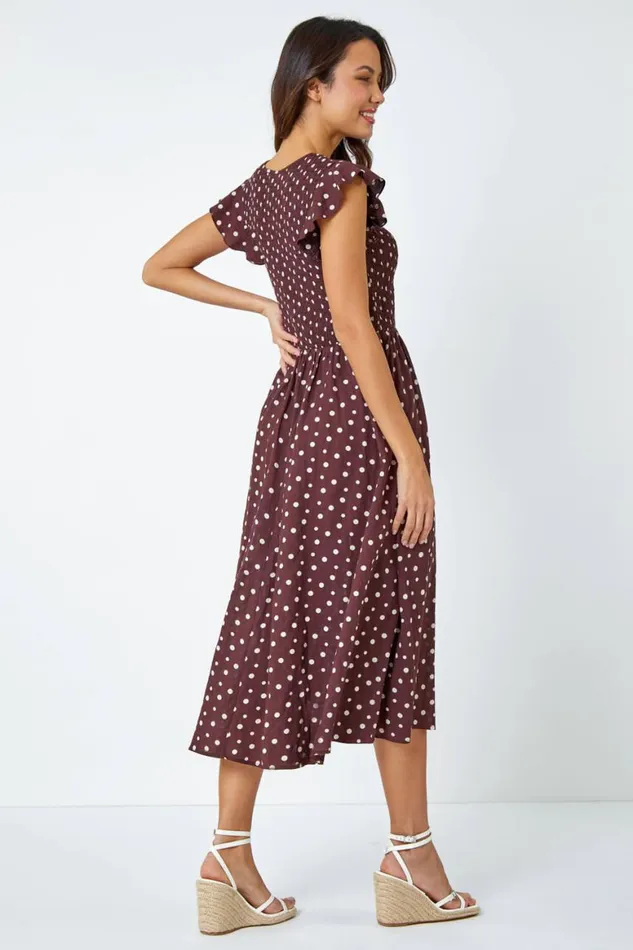 Women Cotton Blend Polka Dot Midi Dress Roman Dresses