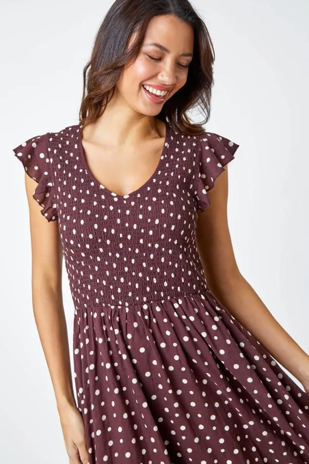 Women Cotton Blend Polka Dot Midi Dress Roman Dresses