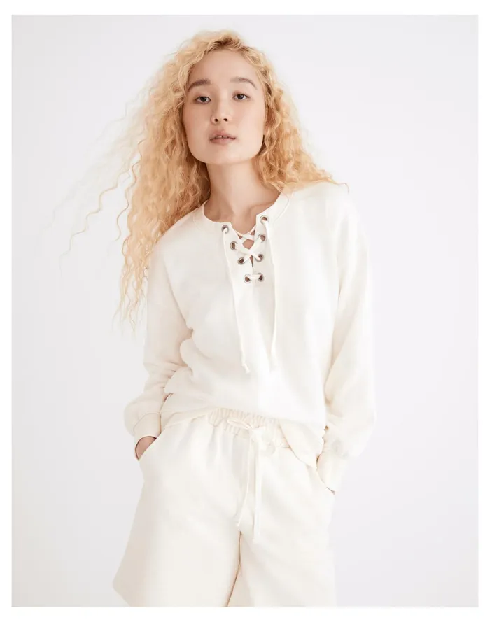 Women Cotton Hemp Lace Up Sweatshirt Antique Cream Madewell Sweatshirts and Sweatpants