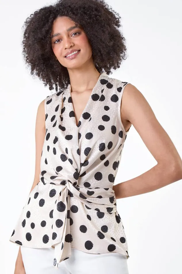 Women Cream Twist Front Jacquard Polka Dot Top Roman Tops