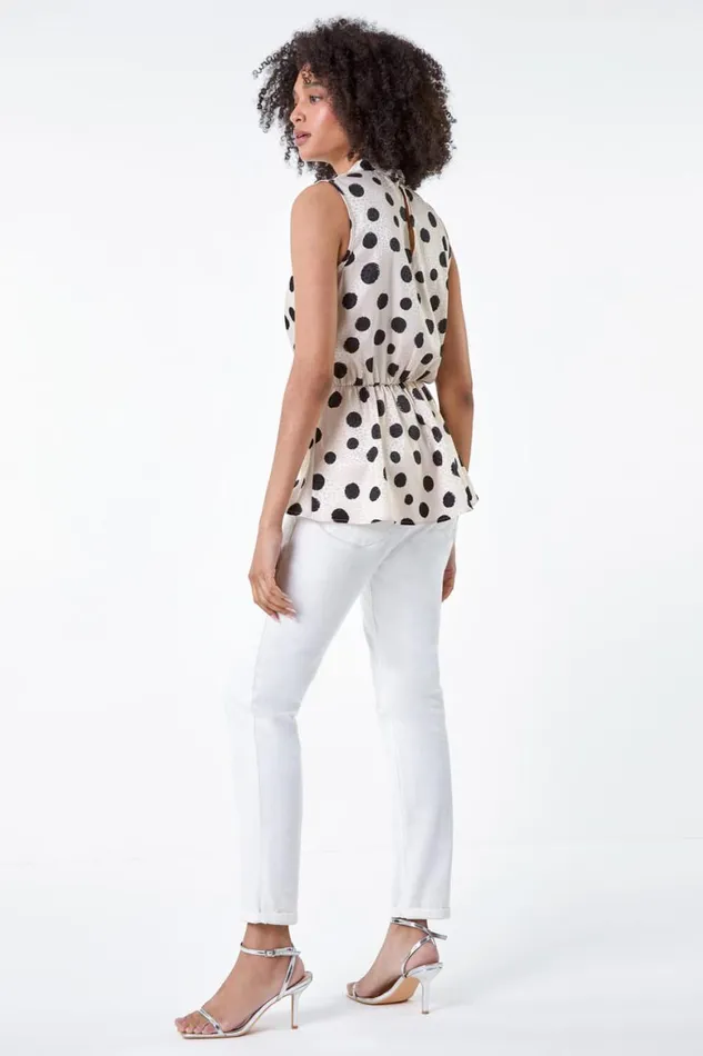 Women Cream Twist Front Jacquard Polka Dot Top Roman Tops