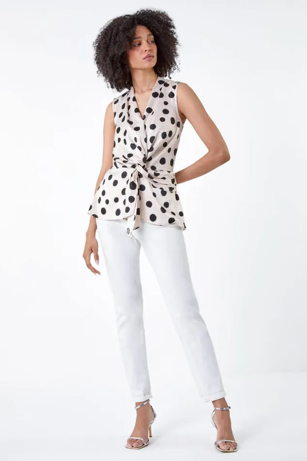 Women Cream Twist Front Jacquard Polka Dot Top Roman Tops