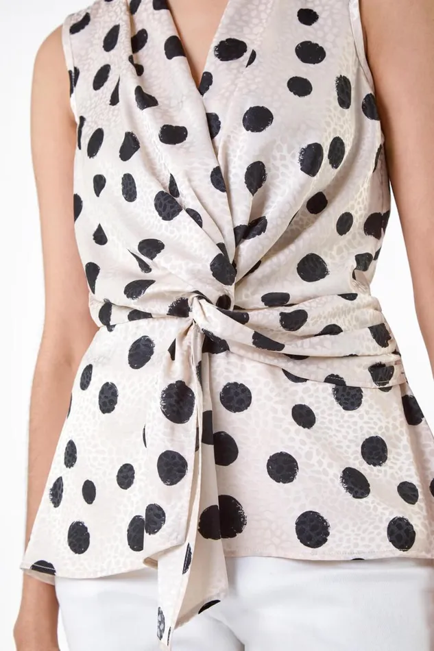 Women Cream Twist Front Jacquard Polka Dot Top Roman Tops
