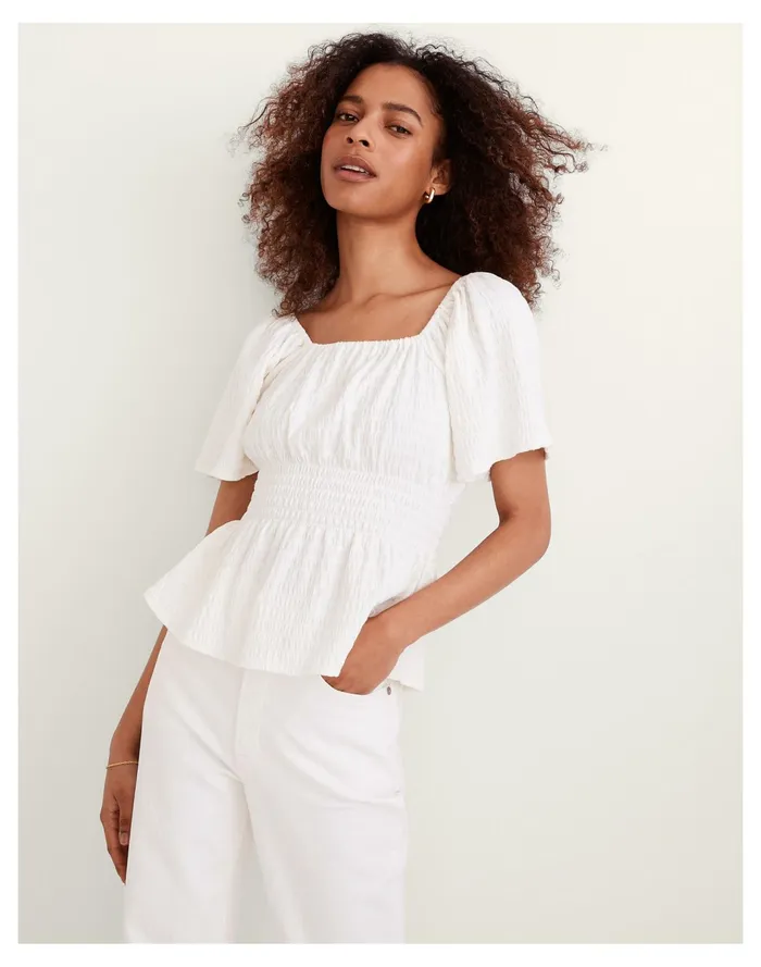 Women Crinkle Knit Square Neck Smocked Top Lighthouse Madewell Tops and Shirts